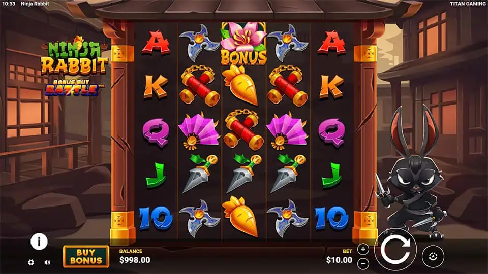 Slot grid with ninja weapons, golden carrots, bonus symbols and ninja rabbit on the side.