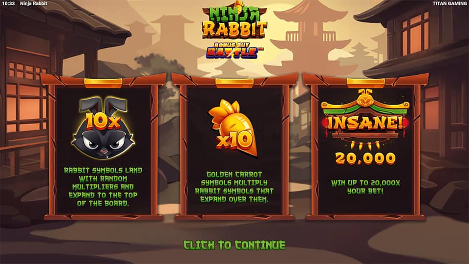 Intro screen showing ninja rabbits with multipliers, golden carrots, and 20,000x win potential.