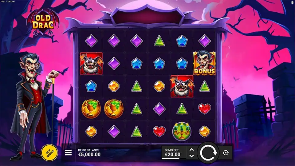Game grid with vampire, gargoyle, gems, and bonus symbols on a spooky graveyard backdrop.