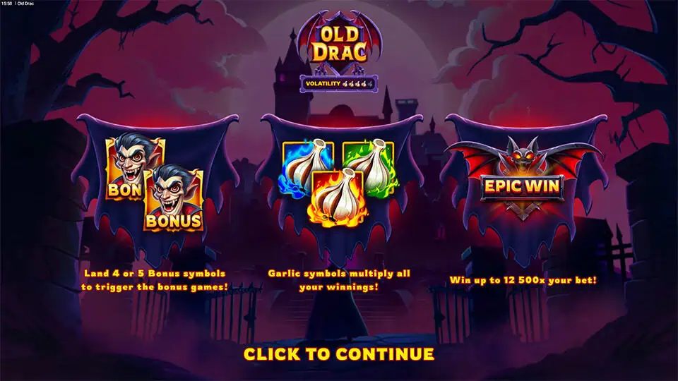 Intro screen showing bonus symbols, garlic multipliers, and win potential details.