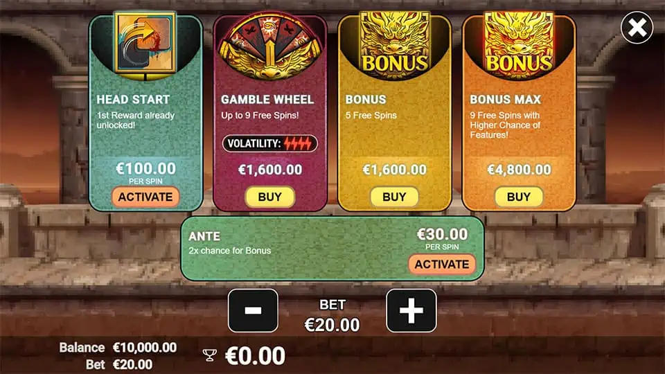Feature buy menu with selectable options like Bonus Max, Gamble Wheel, and Ante boost.
