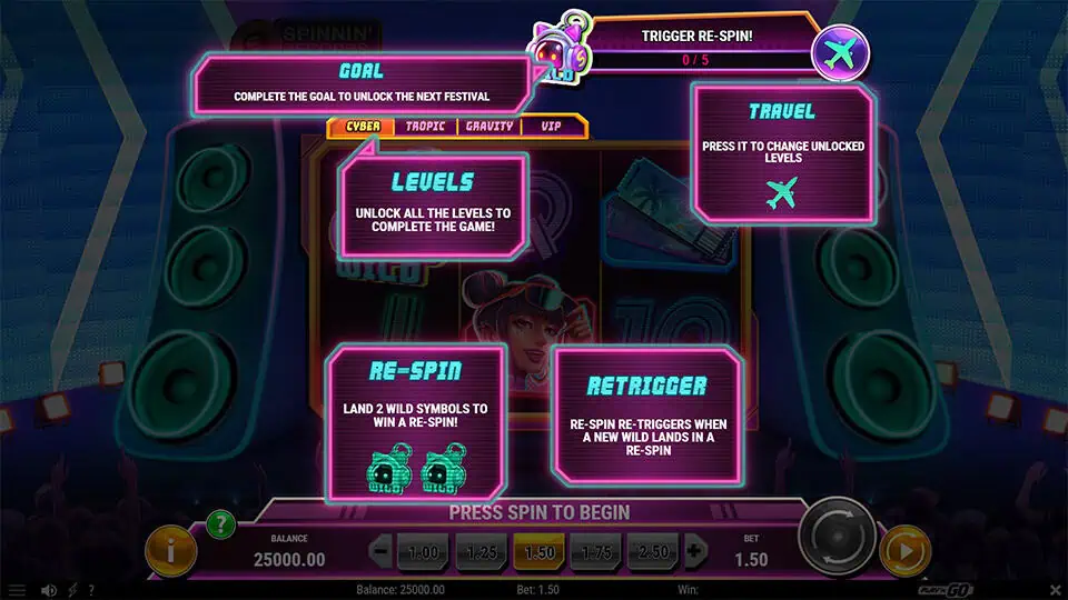 Slot grid with wild symbols, speakers, gift boxes, and party-themed icons in a festival setting.
