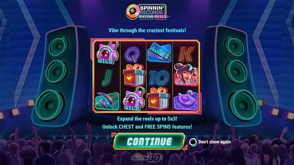 Intro screen explaining how to unlock chests, trigger free spins, and expand the reels up to 5x3.