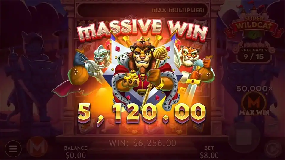 Massive Win banner with lion king cat and his army in front of a golden flag.