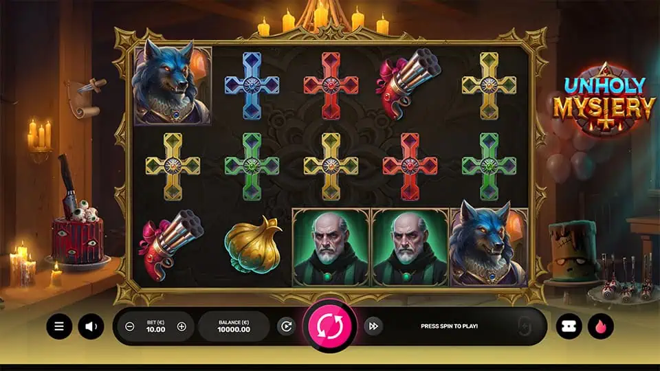 Main game screen featuring gothic symbols including crosses, werewolves, pistols, and sinister characters, framed by candlelit wooden walls.