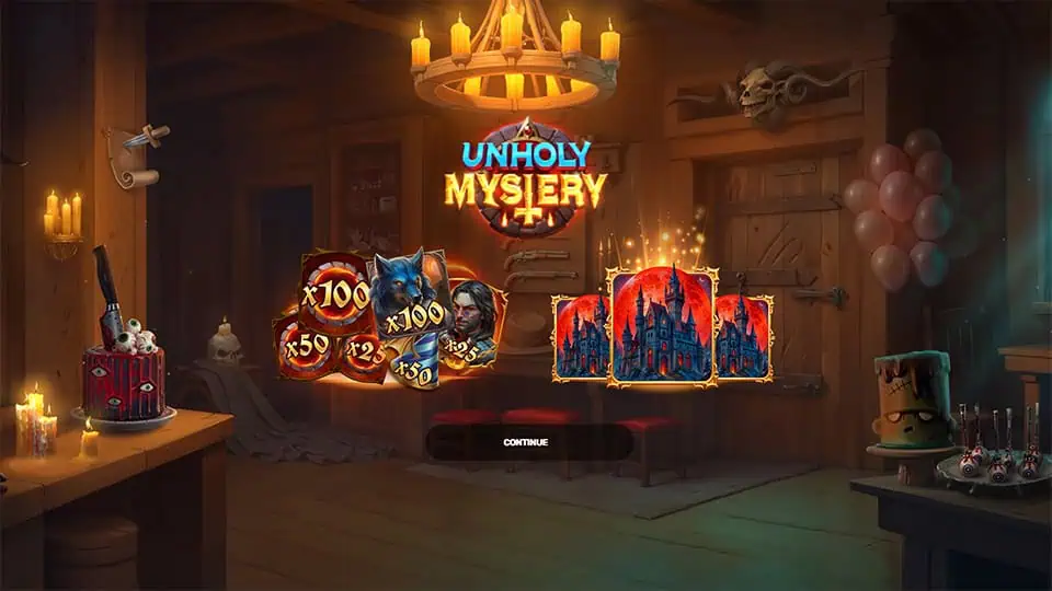 Intro screen showcasing Unholy Mystery logo with main features: high-value werewolf and villain symbols, and scatter-triggered bonus rounds.