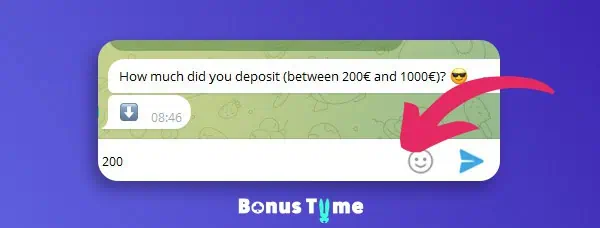 Telegram chat showing the BonusTiime Stake bot asking the user to enter the deposit amount between 200€ and 1000€, with an example of 200 typed in the message bar.