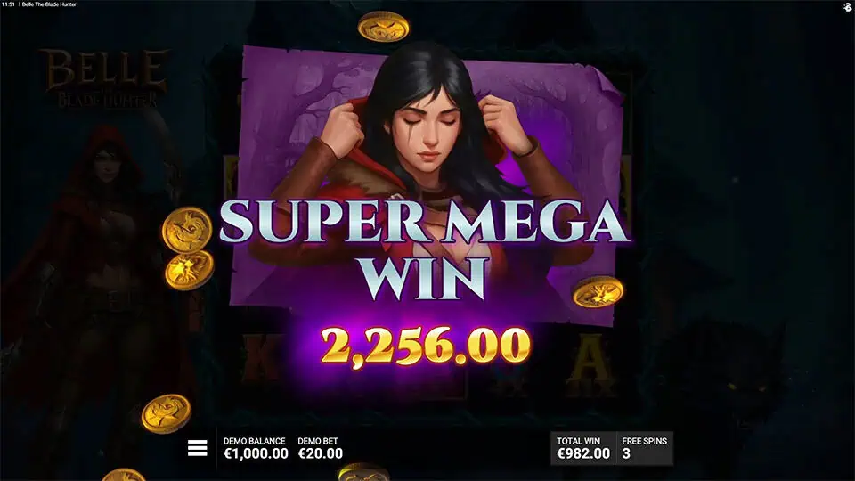 Belle the Blade Hunter slot super mega win screen with Belle character in red hood surrounded by golden coins.