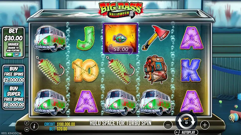 Main reels with horror-themed fishing symbols such as zombie vans, stitched letters, axes, and backpacks, alongside bonus buy buttons on the side.