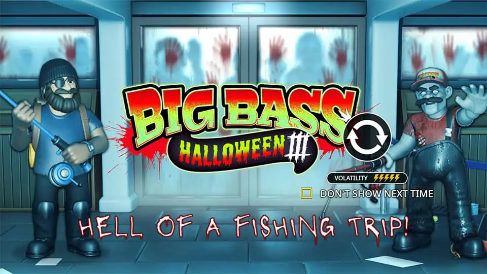 Intro screen with Big Bass Halloween 3 logo, zombie fisherman characters, bloody handprints on windows, and tagline “Hell of a Fishing Trip!”.