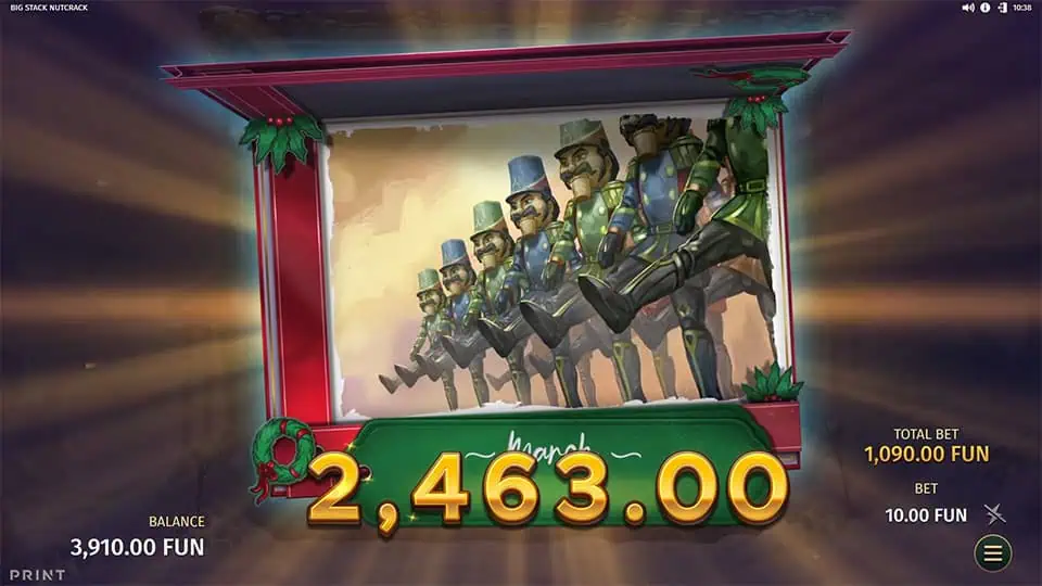 Big Stack Nutcrack win screen showing marching nutcrackers in a toy theater scene with golden win amount displayed.