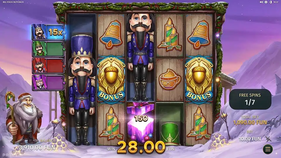 Big Stack Nutcrack bonus round with full nutcracker reels, purple prize box, and active 15x multiplier display.