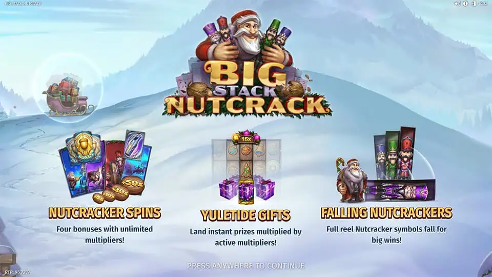 Big Stack Nutcrack intro screen featuring Nutcracker Spins, Yuletide Gifts, and Falling Nutcrackers bonuses.