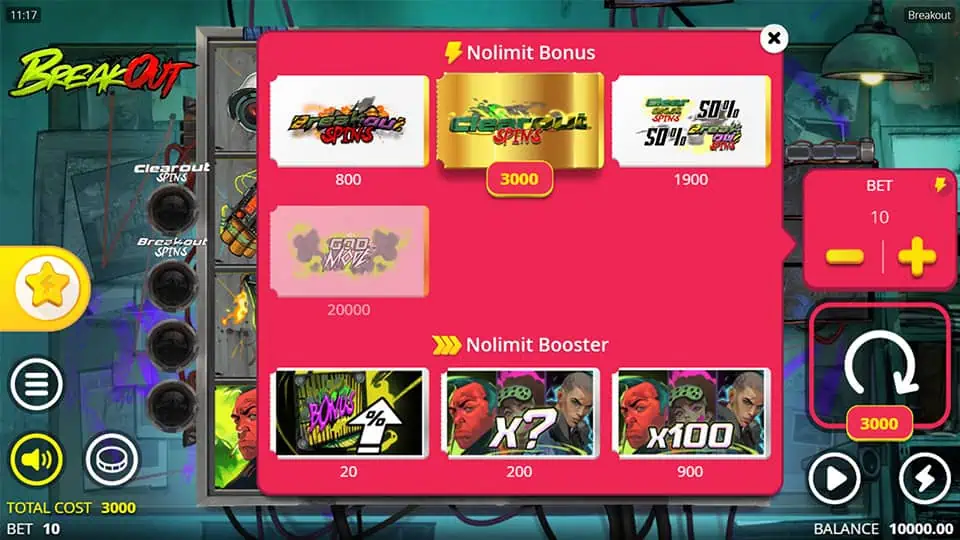 Breakout bonus menu with Clearout Spins, Breakout Spins, and multiplier booster selections.