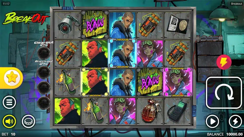 Breakout reels filled with gang members, explosives, cameras, and colorful neon bonus icons.