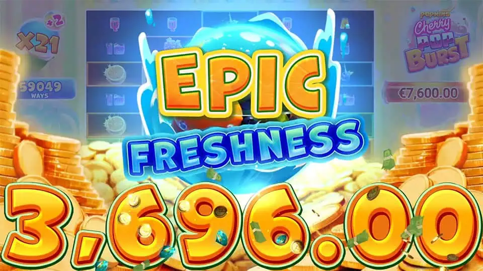 Epic Freshness win animation with coins, confetti, and juice splash visuals in the background.