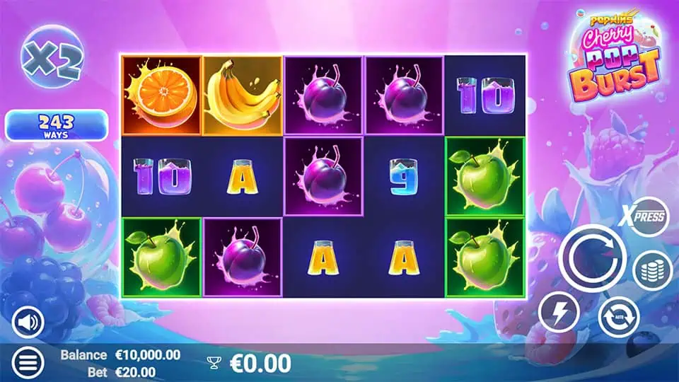 Base game view with colorful fruit symbols like oranges, apples, and plums on a vibrant purple-pink reel grid.