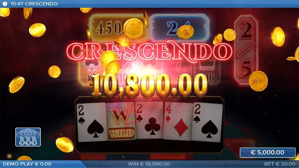 Win screen with golden coins flying, neon cards displayed, and the word “CRESCENDO” flashing in red above the reels.