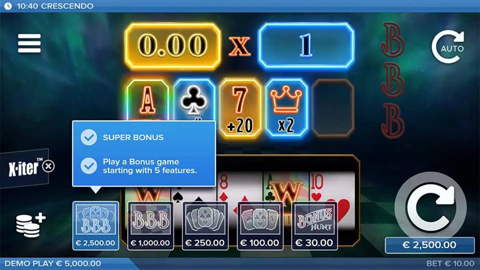 X-iter feature menu showing multiple buy options including Bonus Hunt, Standard Bonus, and Super Bonus with different starting features.