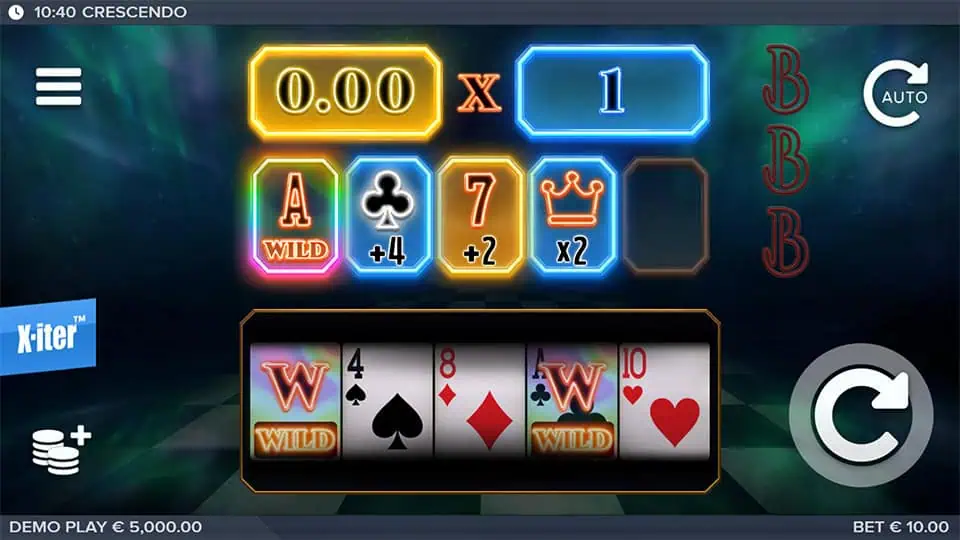 Base game screen with neon-styled card symbols, Wilds, multipliers, and a futuristic glowing backdrop.