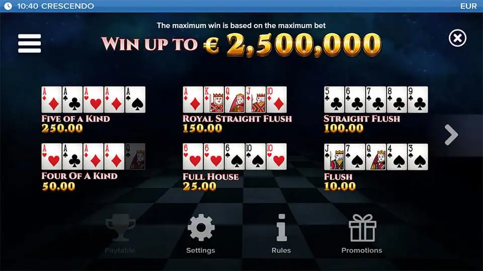 Intro screen showing paytable examples of poker hands such as Five of a Kind, Royal Straight Flush, and Full House with their rewards.