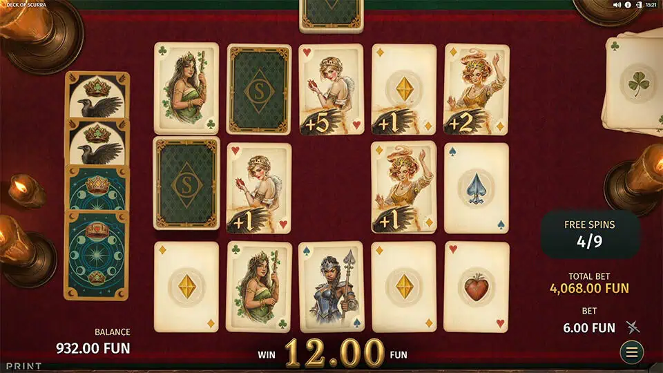 Deck of Scurra reels showing crow, lunar, and coronation cards upgrading matching symbols.