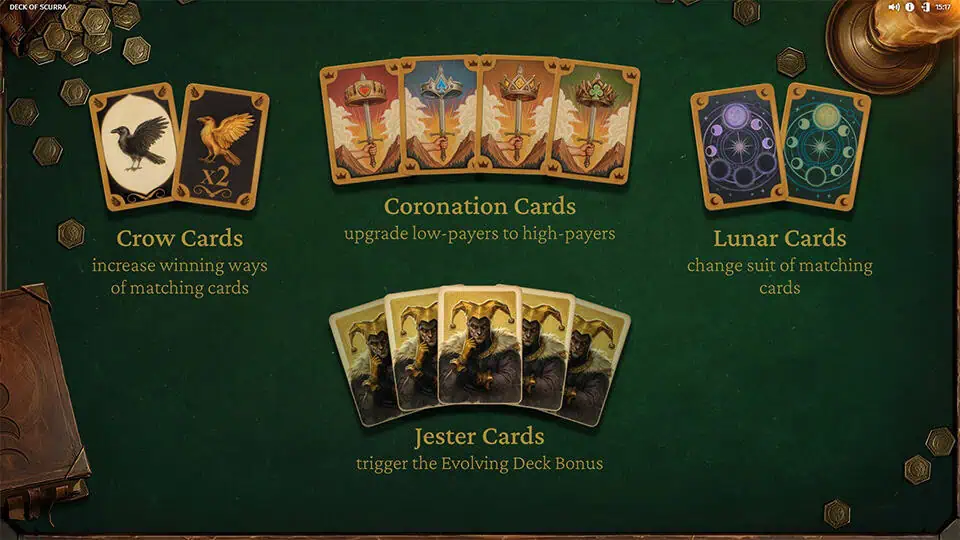 Deck of Scurra intro explaining Crow, Coronation, Lunar, and Jester special card features.