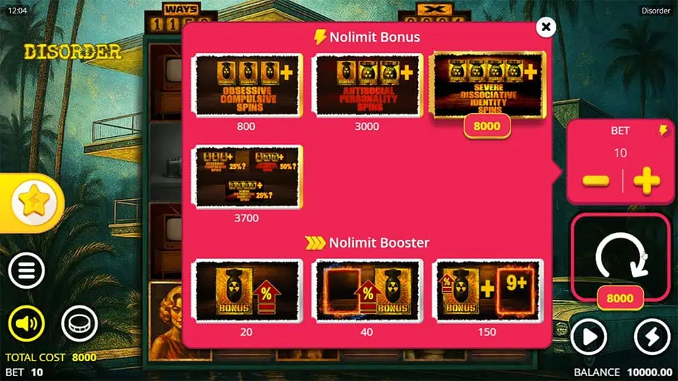Disorder slot bonus buy menu with several spin modes like Antisocial Personality Spins and Severe Dissociative Identity Spins.