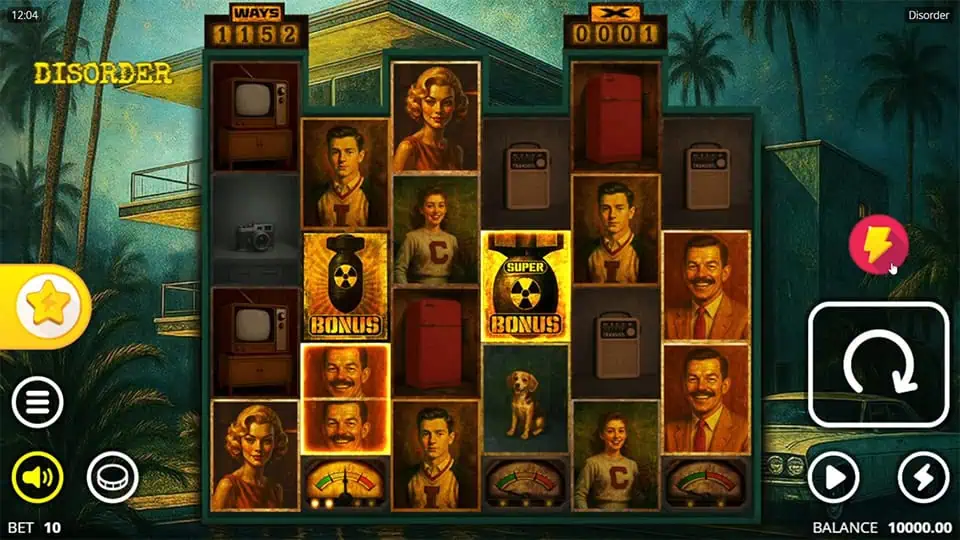 Disorder slot base game with retro character symbols, old TV sets, and vintage nuclear motifs.