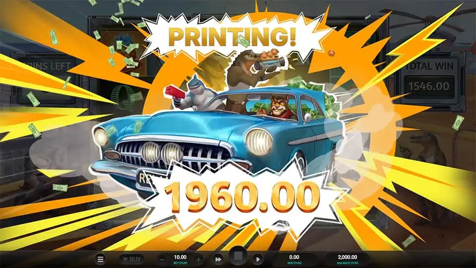 Iron Bank 2 win screen showing gangsters speeding in a getaway car with comic-style printing burst.