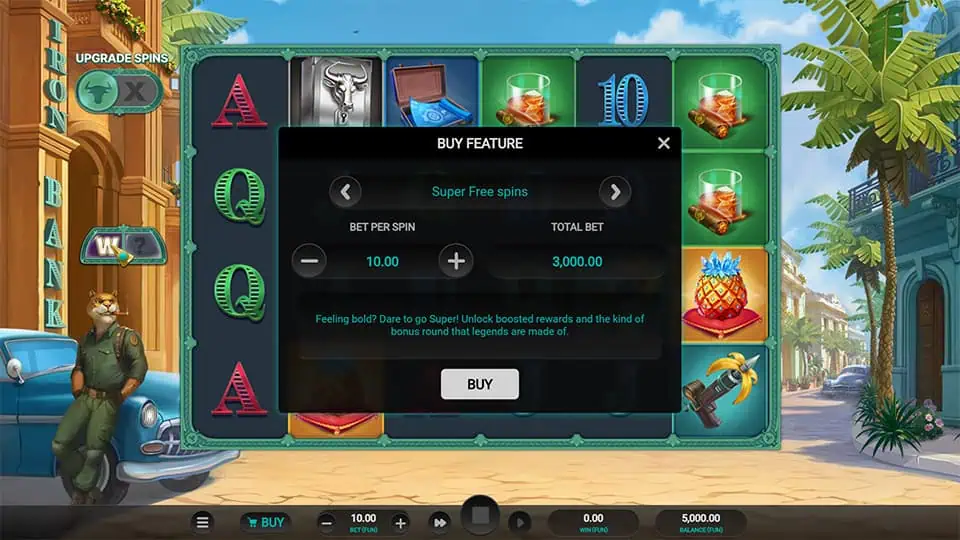 Iron Bank 2 feature buy menu offering different free spins modes with increasing volatility.