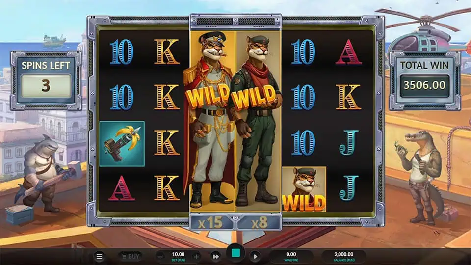 Iron Bank 2 free spins with expanding wild character reels and multipliers shown below.