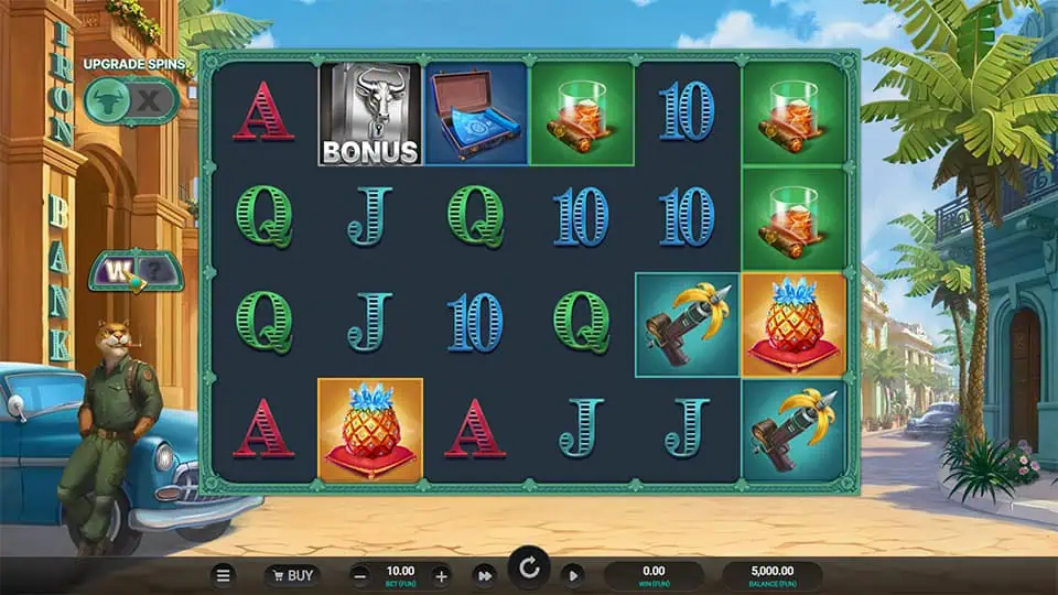 Iron Bank 2 base game reels with bonus vault, wild bananas, pineapples, and cigar symbols.