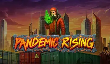 Pandemic Rising slot logo with hooded figure in gas mask holding glowing green vial, set against skyscrapers and shipping containers.