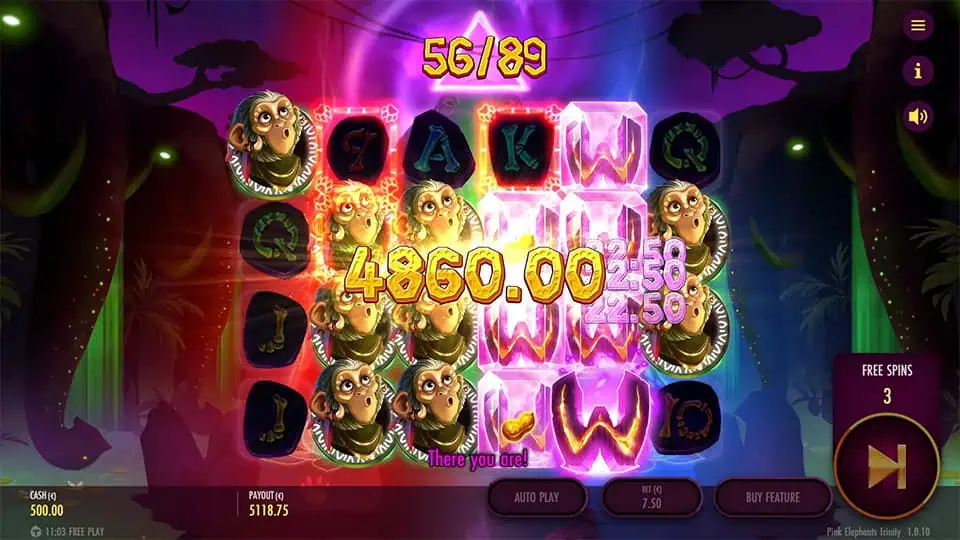 Winning screen with monkey symbols, glowing wilds and a bright payout animation in free spins mode.