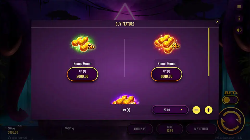 Bonus buy menu with two golden peanut feature entries and bet adjustment panel.