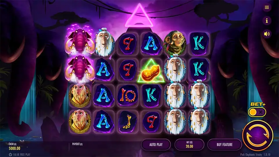 Reels filled with glowing symbols, peanuts, shamans, monkeys and illuminated triangle scatter.