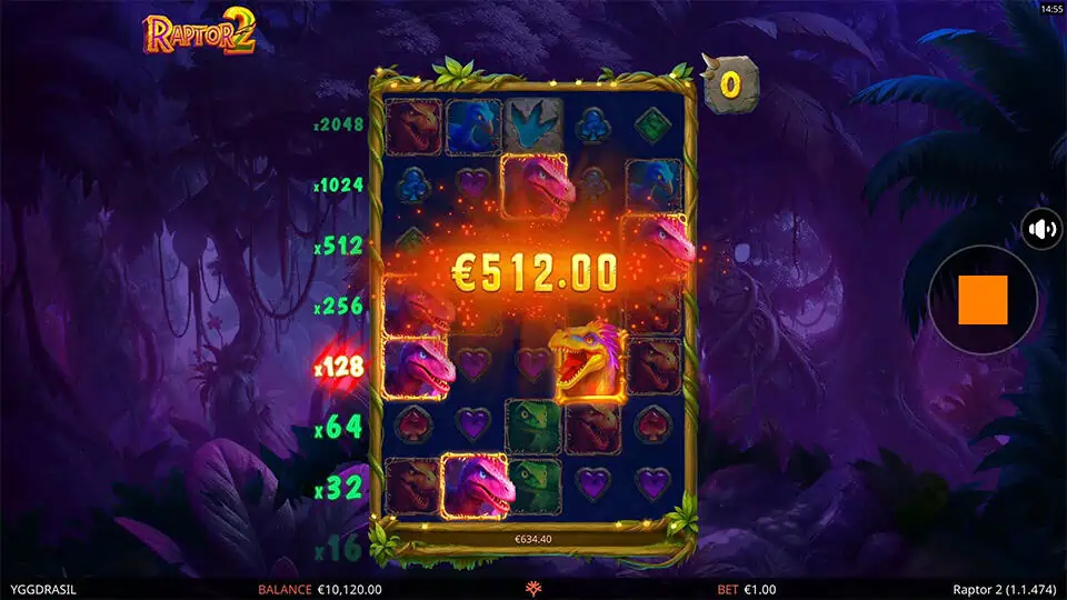 Big Win screen in Raptor 2 slot with golden dinosaur symbols and a glowing payout animation set in a purple jungle environment.