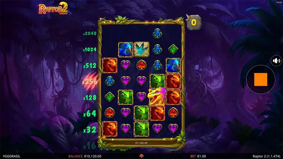 Bonus gameplay in Raptor 2 slot with golden dinosaur wild symbol landing in the center of the grid alongside high-paying symbols.