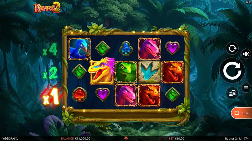 Base game screen of Raptor 2 slot featuring colorful dinosaur symbols and a multiplier tracker on a 5x3 jungle-themed grid.