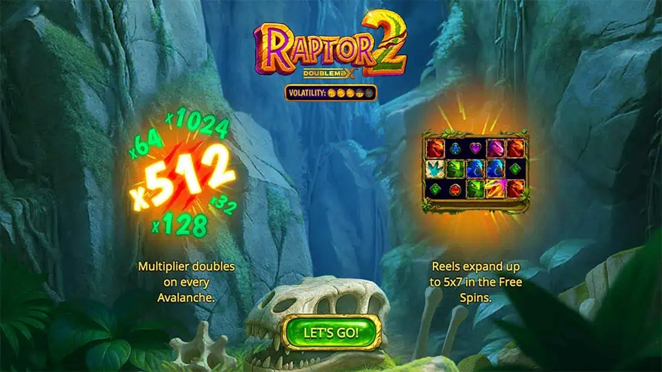 Intro screen of Raptor 2 slot highlighting avalanche multipliers up to x2048 and expanding reels during free spins.