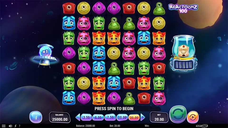 Main game grid filled with colorful alien symbols, charge meter for Gargantoon on the right and UFO multiplier on the left.