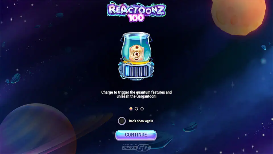 Intro screen with Gargantoon inside the quantum charger, explaining how to trigger quantum features and unleash him.