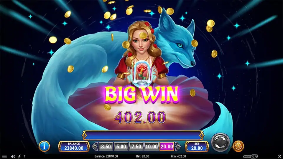 Big Win banner with a woman holding a rose inside a glass dome, golden coins flying, and a mystical blue fox behind her.