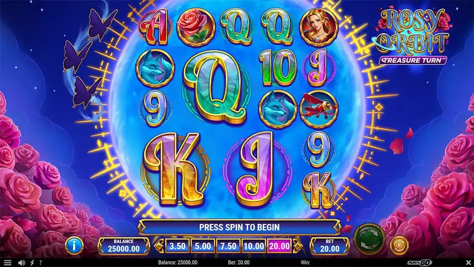 Circular reel layout filled with vibrant symbols including roses, fox, woman, and card letters, set in a rose garden with a glowing blue planet.