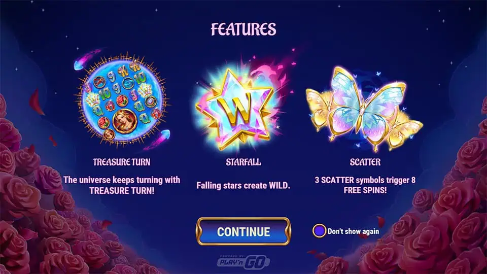 Intro screen showing main features Treasure Turn, Starfall Wilds, and Butterfly Scatters framed by roses against a starry sky.