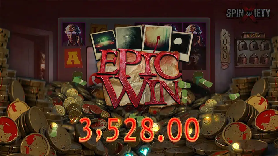 Epic Win banner splashed in red with coins scattering across the screen in a dark, horror-themed setting.
