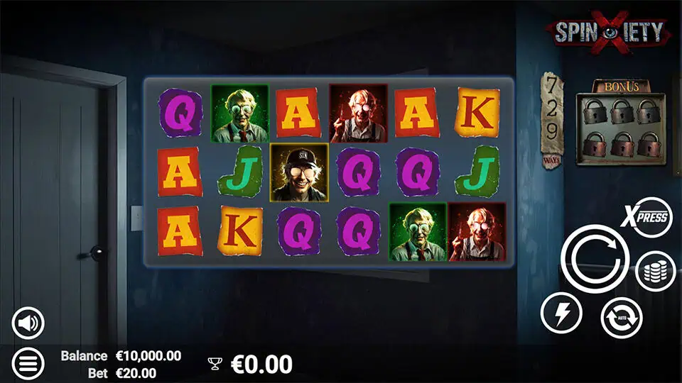 Main game view with horror-themed characters, letter symbols, and locked bonus tracker on the right side.