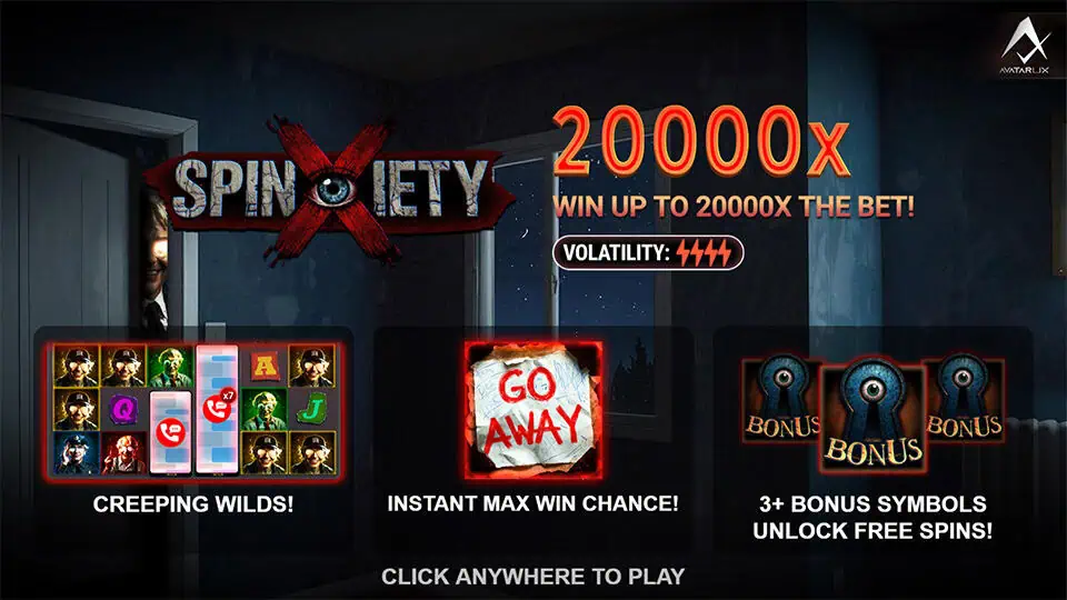 Intro screen featuring Spinxiety logo and key game features: Creeping Wilds, instant max win chance, and free spins.