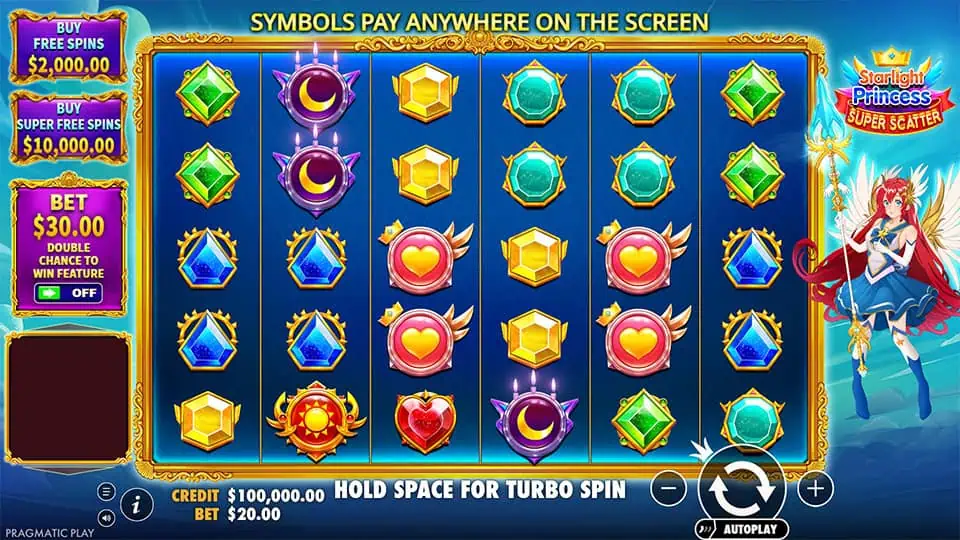 Starlight Princess Super Scatter reels with hearts, gems, moons, and star symbols.